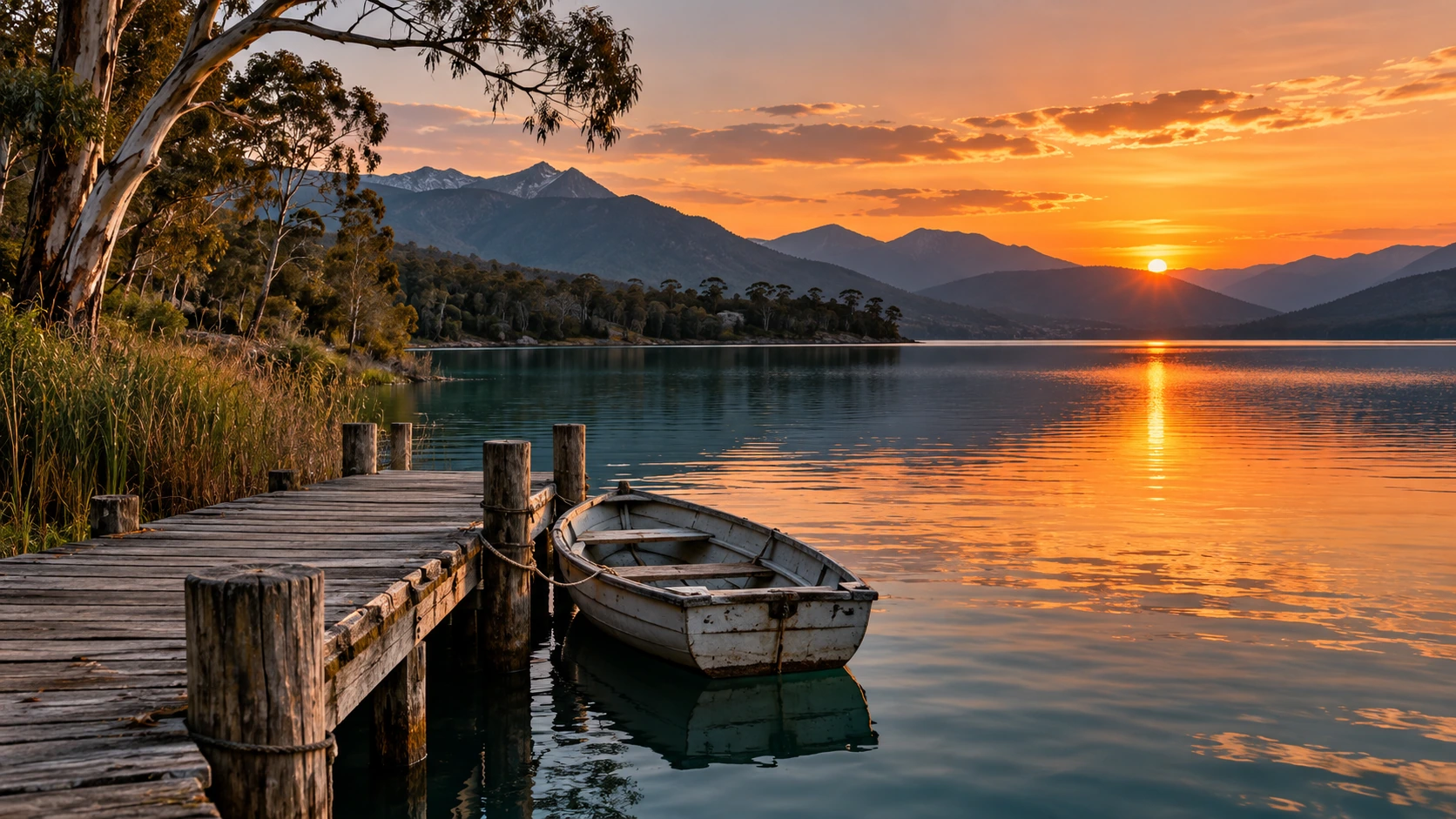A quiet lake and wooden boat at sunset