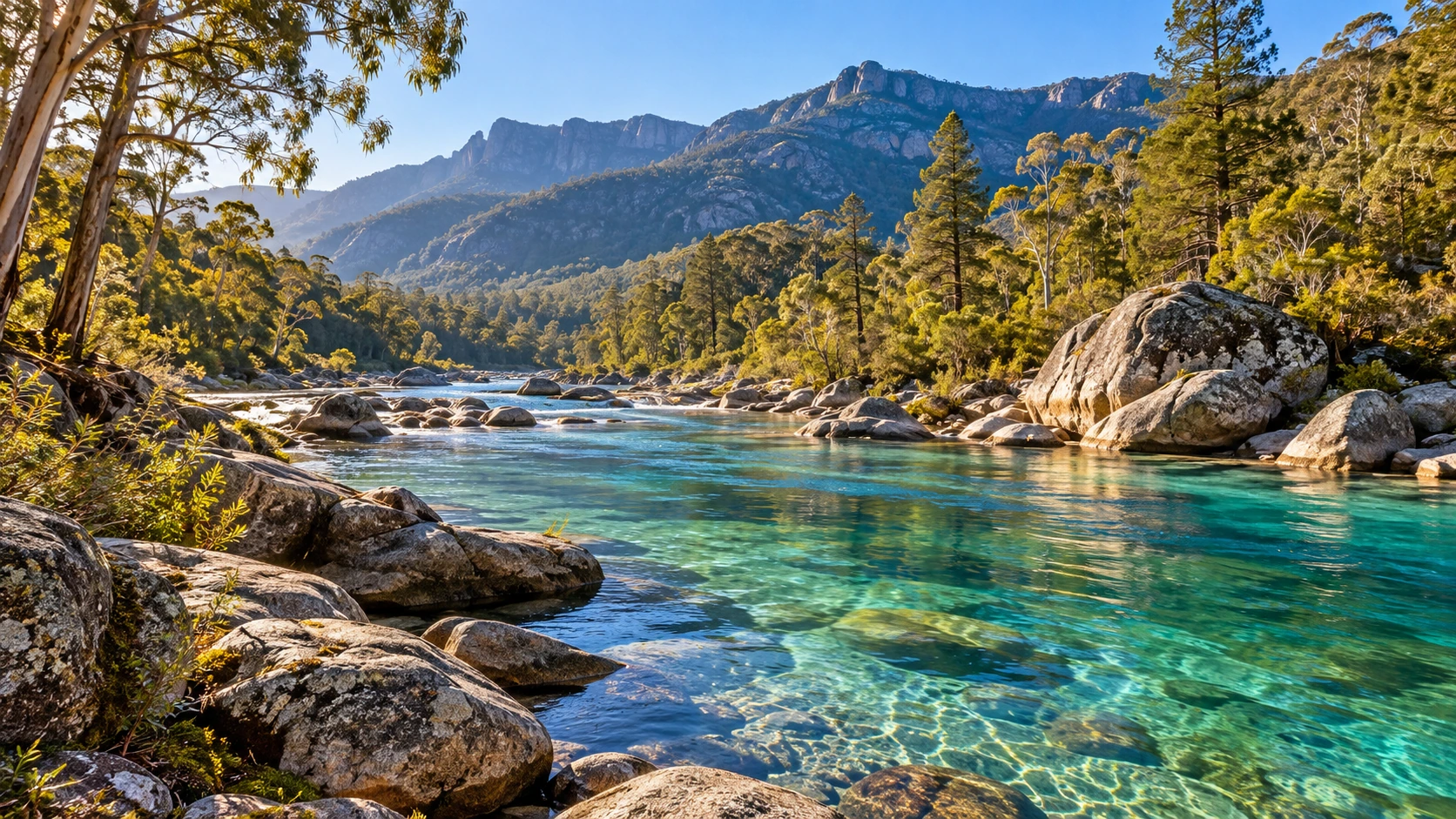 Clear turquoise river winding between wooded banks and mountains